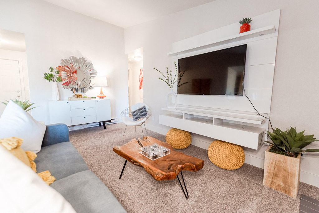 a living room with a couch and a television